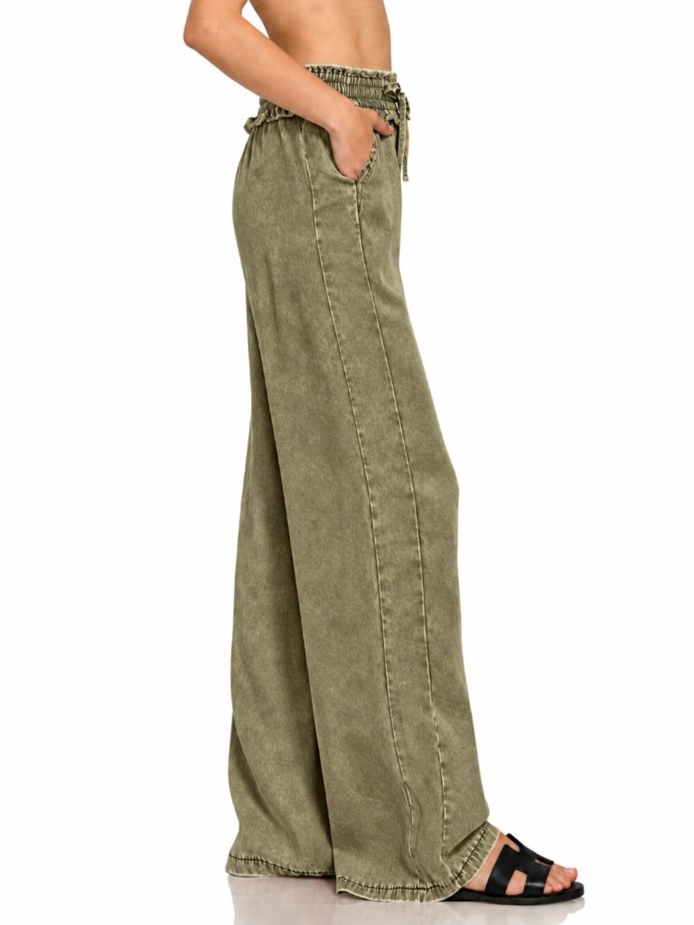 Zenana 100% Tencel Mineral Wash Coastal Wide Leg Boho Flowy Pants Olive Boho NWT - Picture 5 of 12